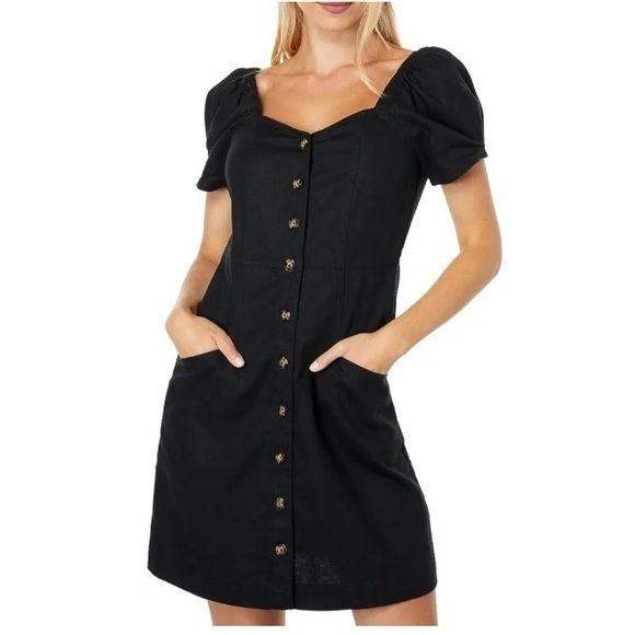 Madewell Dresses & Skirts - Madewell Linen Blend Black Puff Sleeve Mini Dress in Size 4